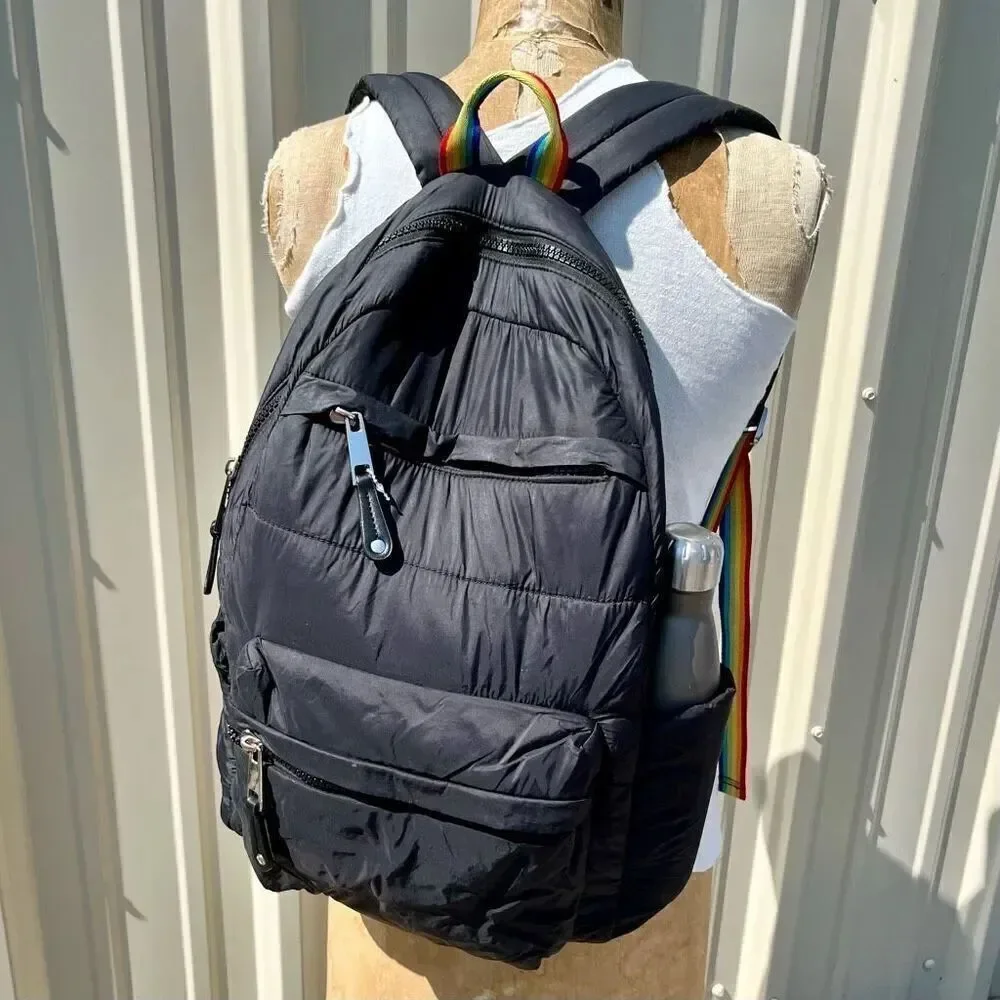 Shonda Roberts Squared Rainbow Strap Puffer Backpack Black